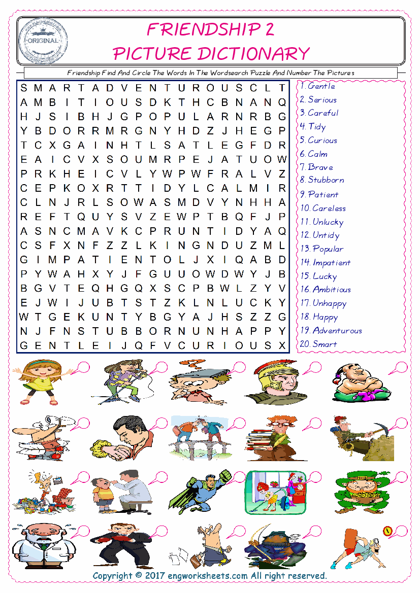  ESL wordsearch worksheets for kids, find Friendship words in the word wordsearch write its number on its picture English worksheet. 